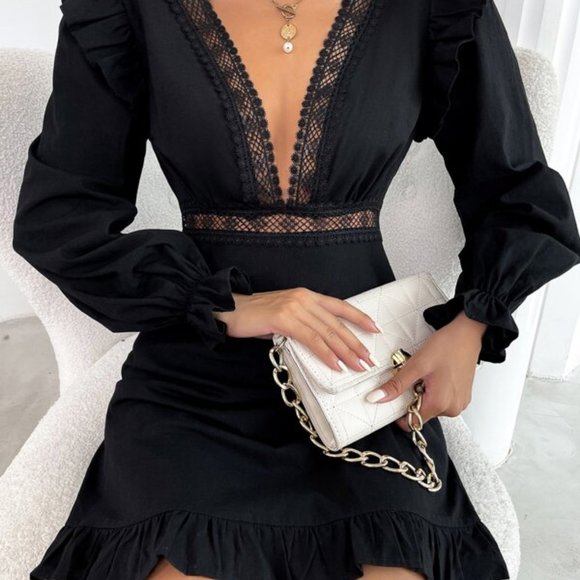 Plunging Neck Lace Ruffle Long Sleeve Mini Dress Black - Picture 12 of 12